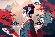 Vector Illustration Japanese Style Girl Wearing Kimono With Flowers Created With Generative AI Technology