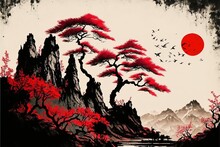Traditional Chinese Painting. Red Landscape. Painting Of Hills, Trees On Textured Paper. 