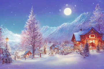 Wall Mural - Beautiful winter house and christmas tree on the mountain Generative AI Content by Midjourney