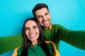 Poster - Self portrait of two loving spouses lady guy make photo on valentine day holidays isolated blue color background