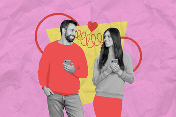 Poster - Creative collage image of two cheerful people black white effect look each other painted heart connection use telephone blog