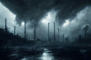 Wall Mural - A dramatic storm over a destroyed industrial landscape. 