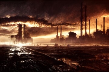 Wall Mural - A dramatic storm over a destroyed industrial landscape. 