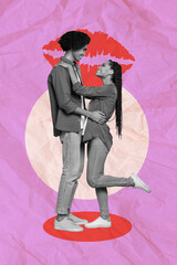 Poster - Vertical collage picture of two lovely partners black white effect cuddle big painted red lips isolated on drawing background