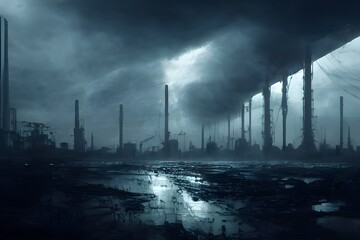 Wall Mural - A dramatic storm over a destroyed industrial landscape. 