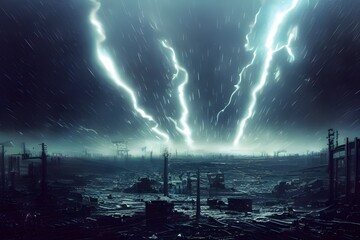 Wall Mural - A dramatic storm over a destroyed industrial landscape. 