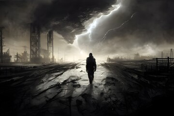 Wall Mural - A dramatic storm over a destroyed industrial landscape. 