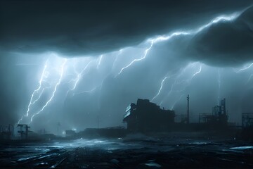 Wall Mural - A dramatic storm over a destroyed industrial landscape. 