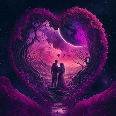 Wall Mural - lovers under the moon in nature in the arch of purple plants