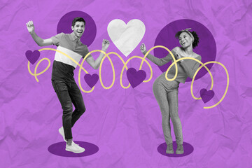 Poster - Creative abstract collage picture of two overjoyed excited people black white effect enjoy dancing painted heart connection