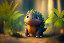Cute Baby Dinosaur In Forest 3d Anime Style. Generative Ai