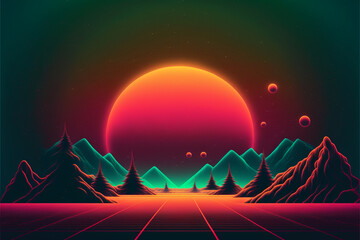 Retro Sci-Fi Background Futuristic landscape of the 80s, Digital Cyber Surface, Suitable for design in the style of the 1980`s