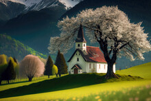 On A Mountain Lies The Church, Surrounded By A Magnificent Field In Full Bloom And A Thriving Tree In Bloom