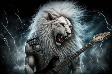 Wall Mural - White lion playing electric guitar. Generative AI.