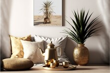 Modern Minimal Home Interior Design. Pillows, Golden Teapot, Decorative Straw Plates, Scandinavian Blanket, Tropical Palm Tree, Succulent And Decorations