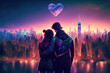 couple embraces in front of a stunning, high-tech city skyline, symbolizing their unbreakable bond and love on Valentine's Day, generative ai