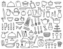 Big Collection Of Linear Hand Drawn Doodle Kitchenware On White Background. Outline Freehand Kitchen Utensils, Appliances For Cooking. Cute Simple Cartoon Icons Of Cutlery
