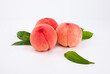 © YOUSUK - Red fresh peaches with water droplets. Close-up of three fruits from the front.