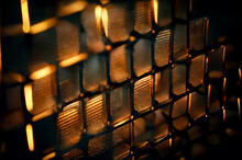 Wall Of Grid Blocks. Abstract Glowing Background With Yellow Light. Generative AI