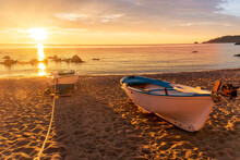 Nice Sport Boat On A Sea Coast With Picturesque View On A Sunrise In A Rocky Gulf, Landscape Of Sunset Or Sunrise Bay
