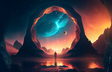 Wall Mural - surreal sci-fi landscape at night with mountains, stars and planet. abstract space background. digit