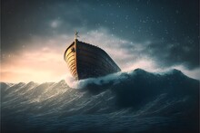Illustration Of  Noah's Ark Sailing In The Sea With Faith, Generative Ai