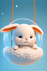 A super cute baby white fairy bunny, generative ai art, adorable rabbit in a bubble swing