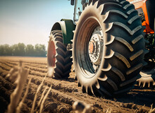 Closeup Of A Tractor Out On A Field. AI Generated Illustration.