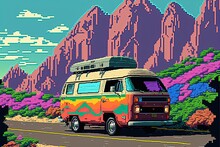 Pixel Art Hippie Van On Desert Road, Background In Retro Style For 8 Bit Game, Generative AI