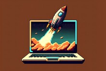 Pixel Art Laptop With Rocket Flying From The Screen, Startup Concept, Object In Retro And 8 Bit Style
