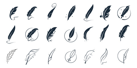 icon set vector feather ink inspiration. feather pen ink signature symbol. set of abstract signature feather pen logo design template on white background.