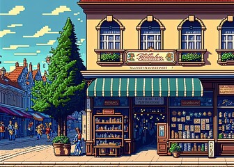 Wall Mural - Pixel art shops in european shopping street, old european shops, background in retro style for 8 bit game, Generative AI
