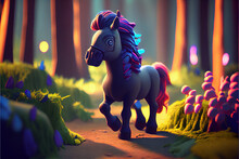 Bright Colored Pony Running In A Lively Forest