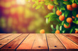 © Fox Bread - Wooden table and orange trees for product and merchandise display created with Generative Ai technology