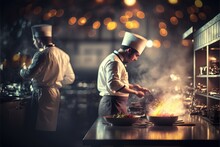 Professional Kitchen With Chefs Cooking, Restaurant Kitchen With Beautiful Lights And Delicious Food
