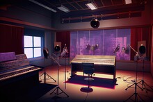 Interior Of A Professional Recording Studio. Modern 3D Animation Style Of Empty Room Filled With Recording Equipment And Ready For Voiceovers. Background By Generative AI