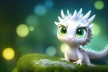 Colorful White Baby Dragon In A Modern 3D Animation Style. Cute And Adorable Mythical Creature Made With Generative AI Assistance