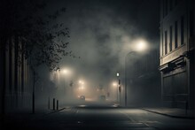  A Dark Street With A Few Lights On It At Night Time With Fog And Fog From The Street Lamps On The Buildings And The Street.  Generative Ai