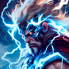  God of thunder and lightning anime style. Generative AI.