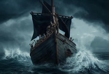 Ship with armed Vikings during sea storm.