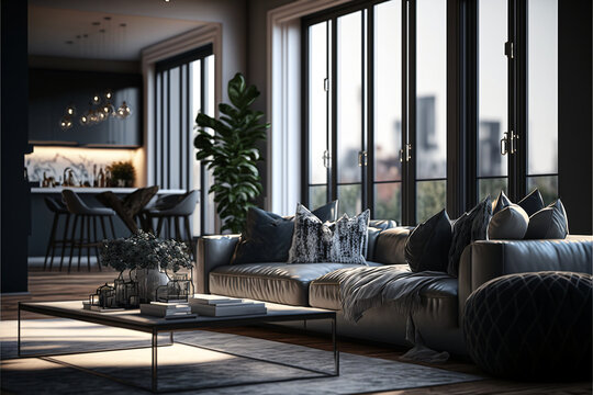 Wall Mural -  - Modern interior of a living room. Penthouse loft with huge windows. Designed using generative ai. 
