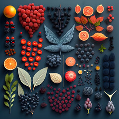 Wall Mural - Fruit Berry Knolling Set. Generative AI Illustration of Food Garden Forest Collection.