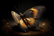 Magic Night Butterfly Gold Glitter Golden Dust Nature Background, Mystical Insect Generative AI Illustration