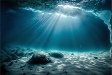 Underwater Background Deep Blue Sea And Beautiful Light Rays With Sandy Floor Generative AI