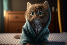 Portrait Of A Cute Kitten Dressed In A Bathrobe,generative AI