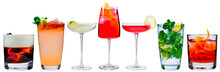 Cocktail Menu, Different Set Of Classic Cocktails Isolated, A Collection Of Alcoholic Beverages For The Menu On A White Background