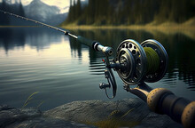 Fishing Rod Reel On The Background Of The Lake. Generative AI.