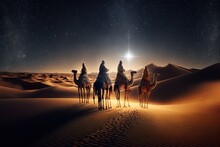 Star Of Bethlehem, Wise Men Traveling In The Desert On Camels At Night. Generative AI.