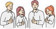 Smiling people show thumbs up giving recommendation