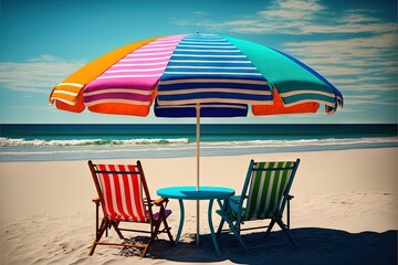  two chairs and a table under an umbrella on the beach with the ocean in the background, with a bright blue sky and white clouds.  generative ai